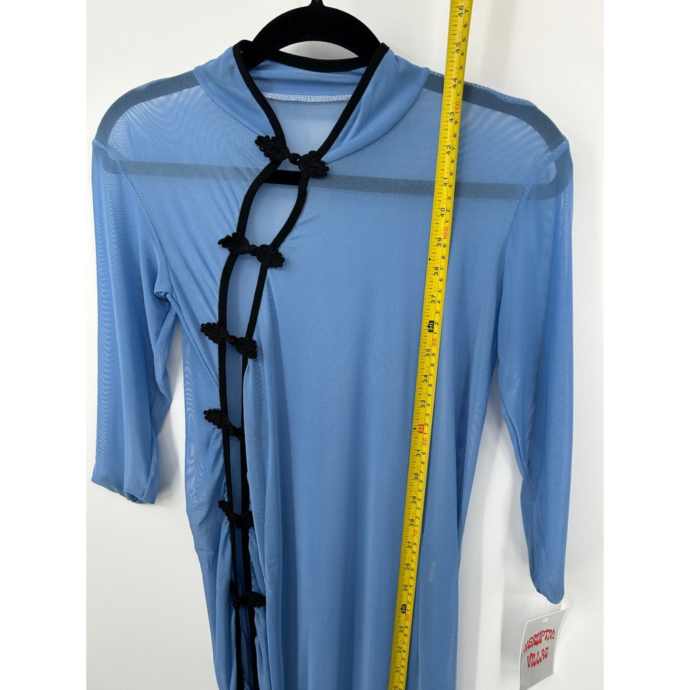 Blue Sheer Mesh Frog Knot Asymmetric Midi Dress Womens Small - Picture 9 of 12